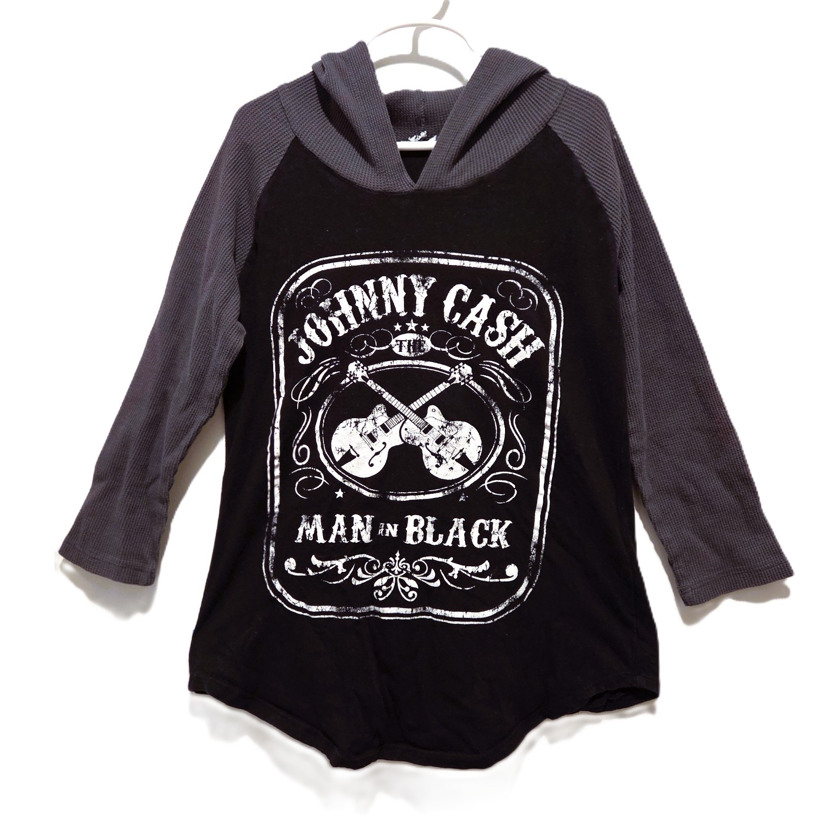 Zion Rootswear Johnny Cash Man in Black T Shirt Hoodie 3/4 Sleeve XS Extra Small