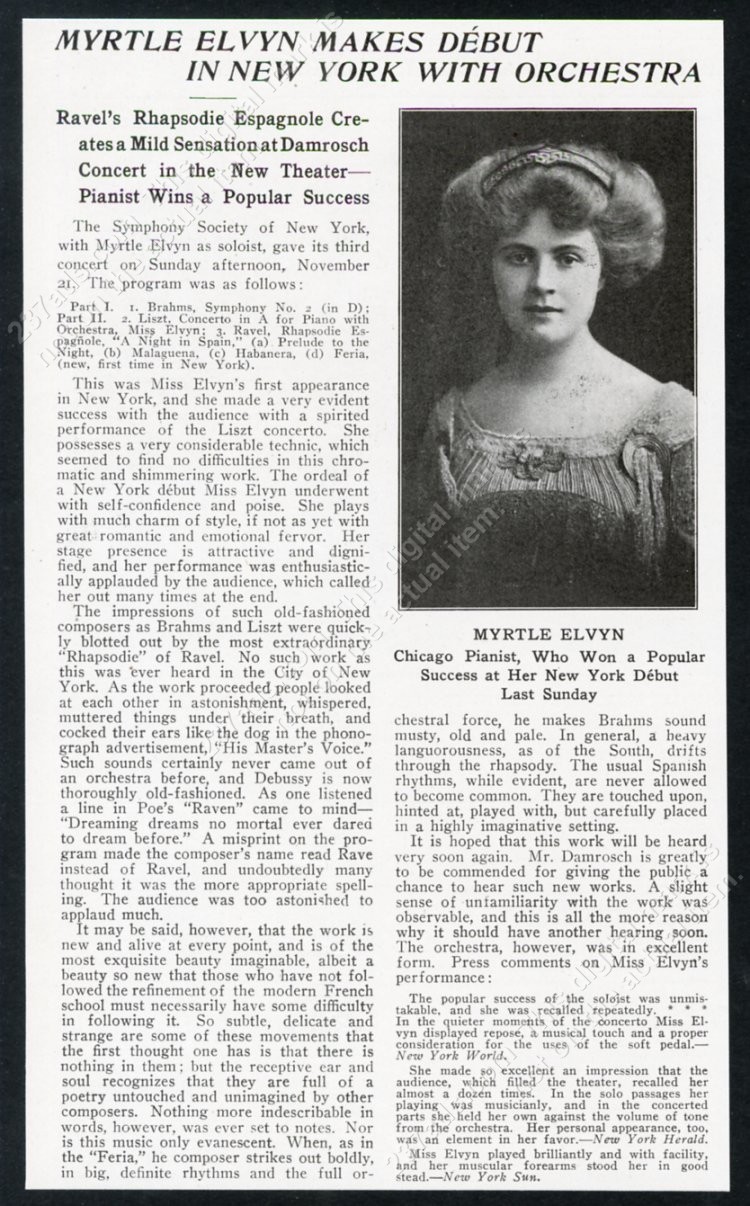 1909 Myrtle Elvyn photo NYC debut vintage print article
