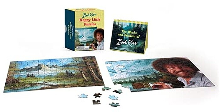 Bob Ross Happy Little Puzzles plus Mini Easel Words of Wisdom Flip Book SEALED