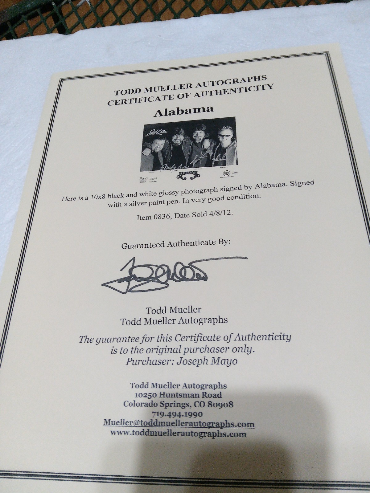 Autographed 8×10 The Band ALABAMA Todd Mueller Certificate Of Authentication
