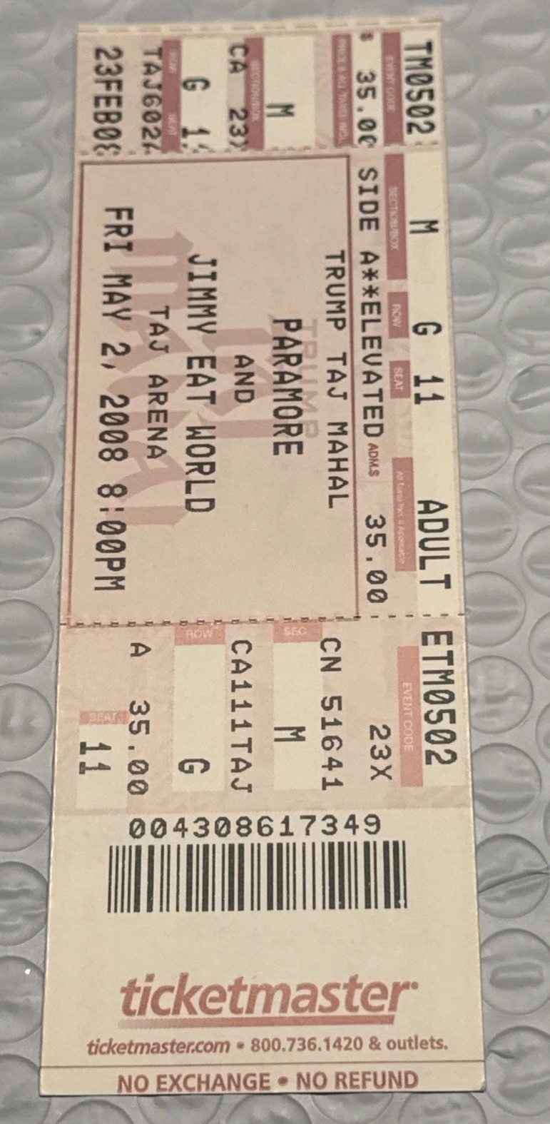Paramore and Jimmy Eat World Concert Ticket – May 2 2008 Trump Taj Mahal