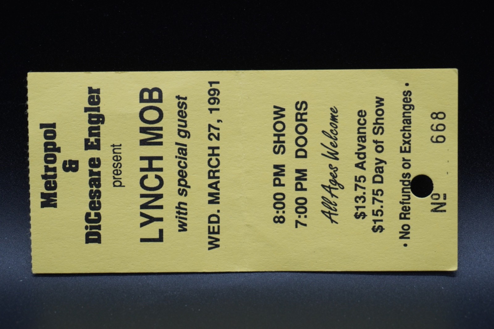 1991 LYNCH MOB CONCERT TICKET STUB, METROPOL