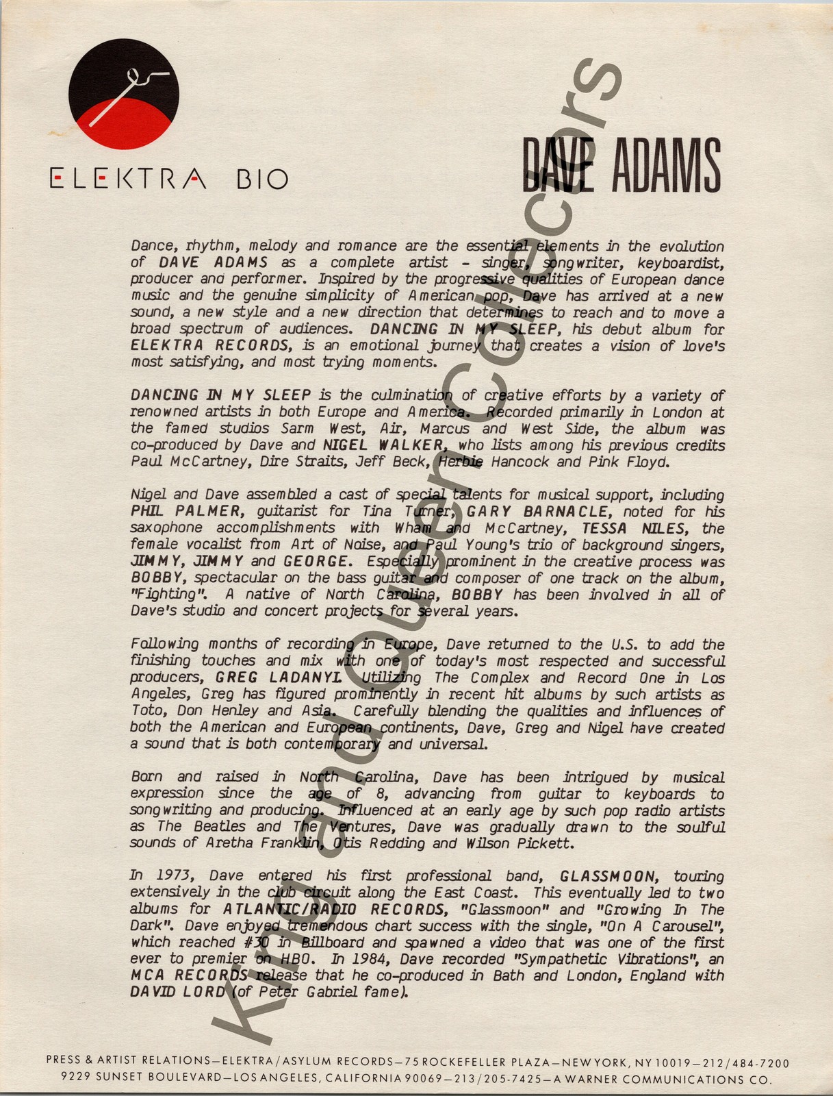Dave Adams 1986 Original Elektra/Asylum Records Press Kit Biography Sheet