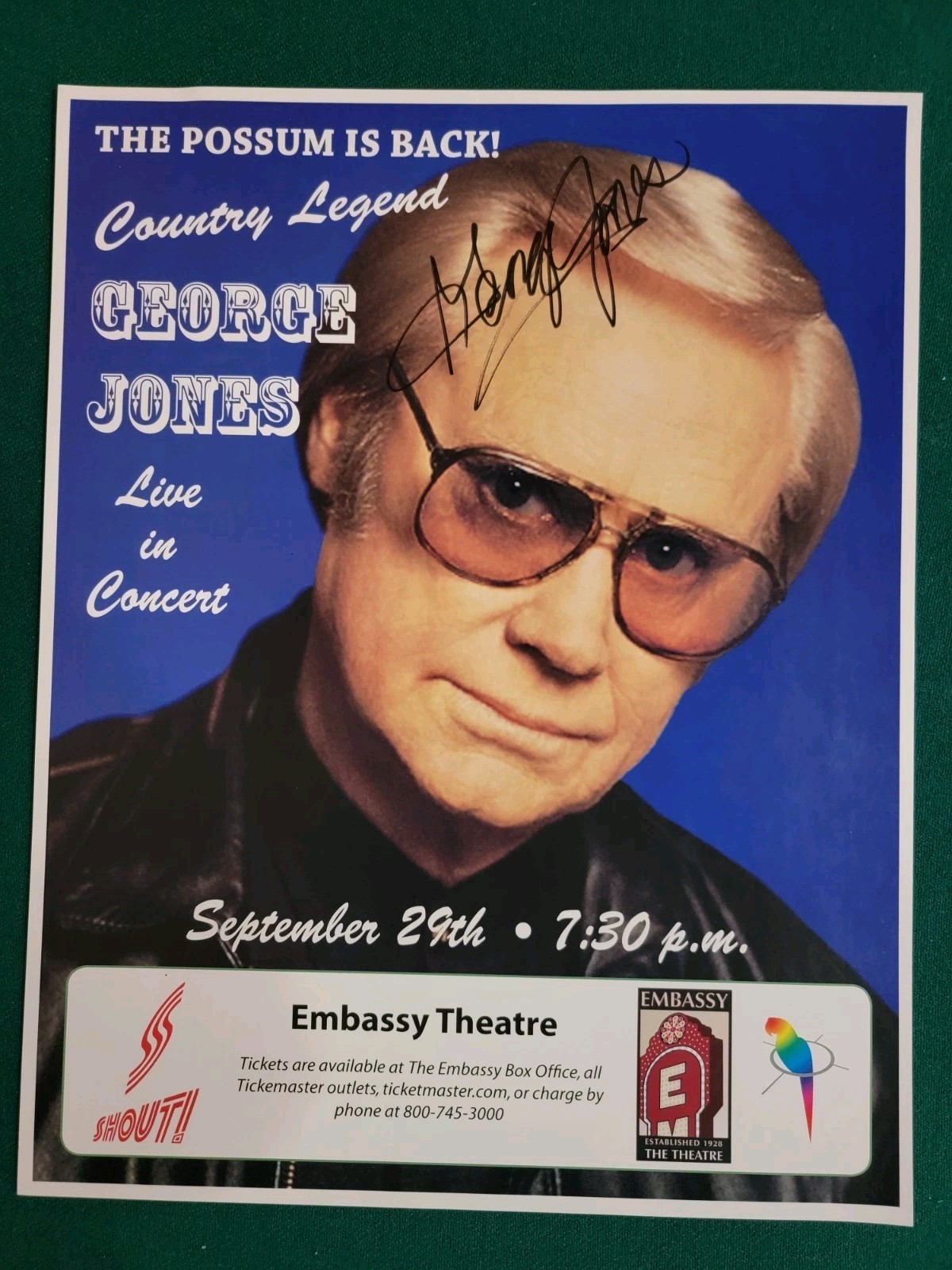 George Jones Autographed Original Concert Poster Embassy Theatre Sept. 29, 2012