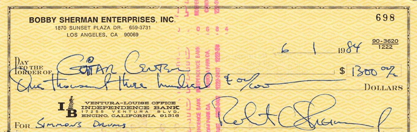 Bobby Sherman SIGNED Cancelled Check from 1984