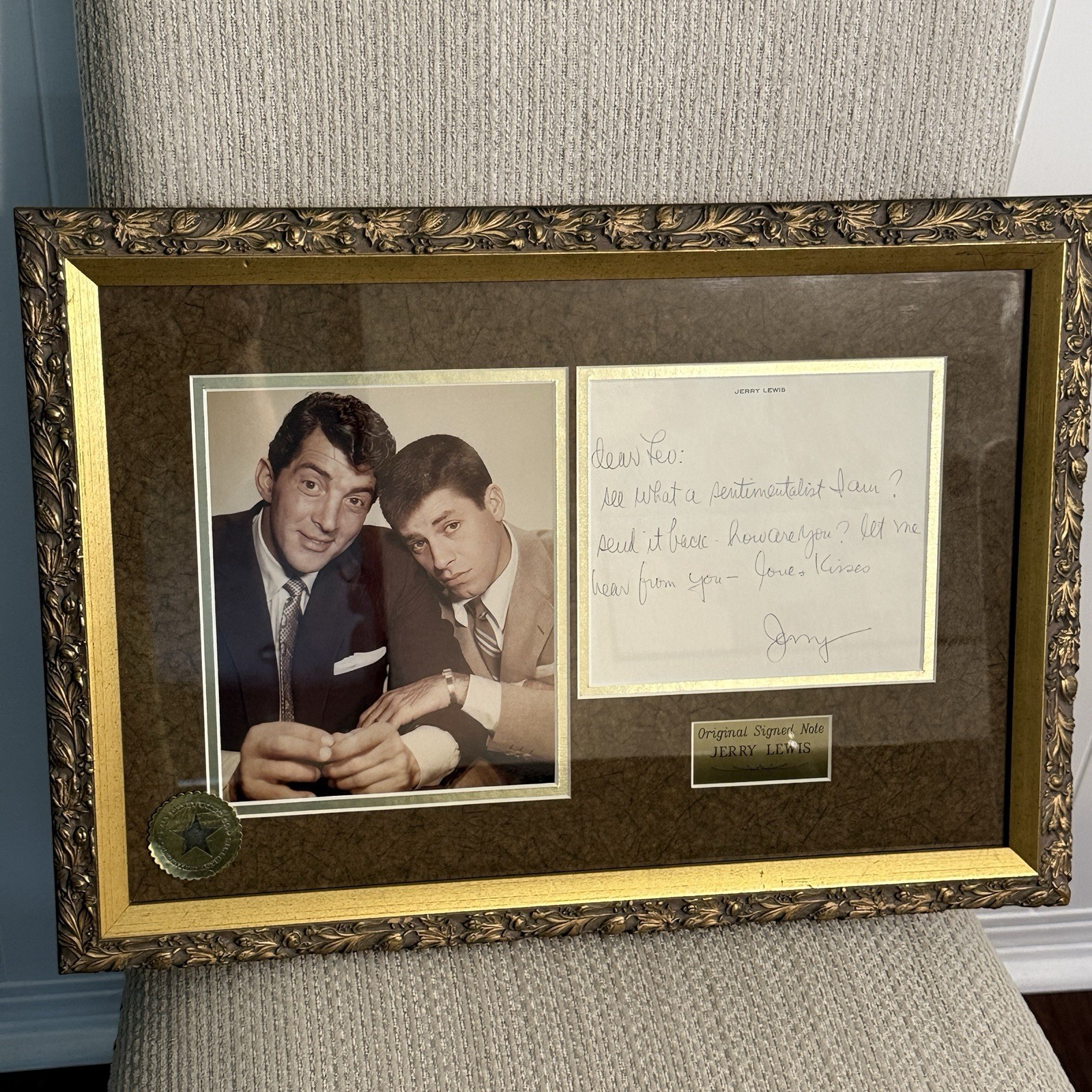Jerry Lewis Signed Handwritten Note Framed w Dean Martin Photo Display