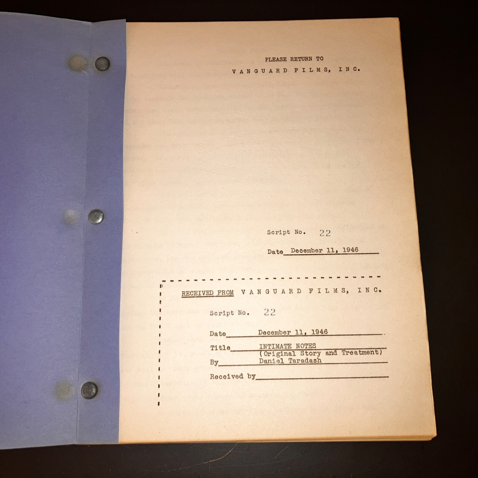 INTIMATE NOTES (1946) Daniel Taradash Story Treatment Selznick Personal COA