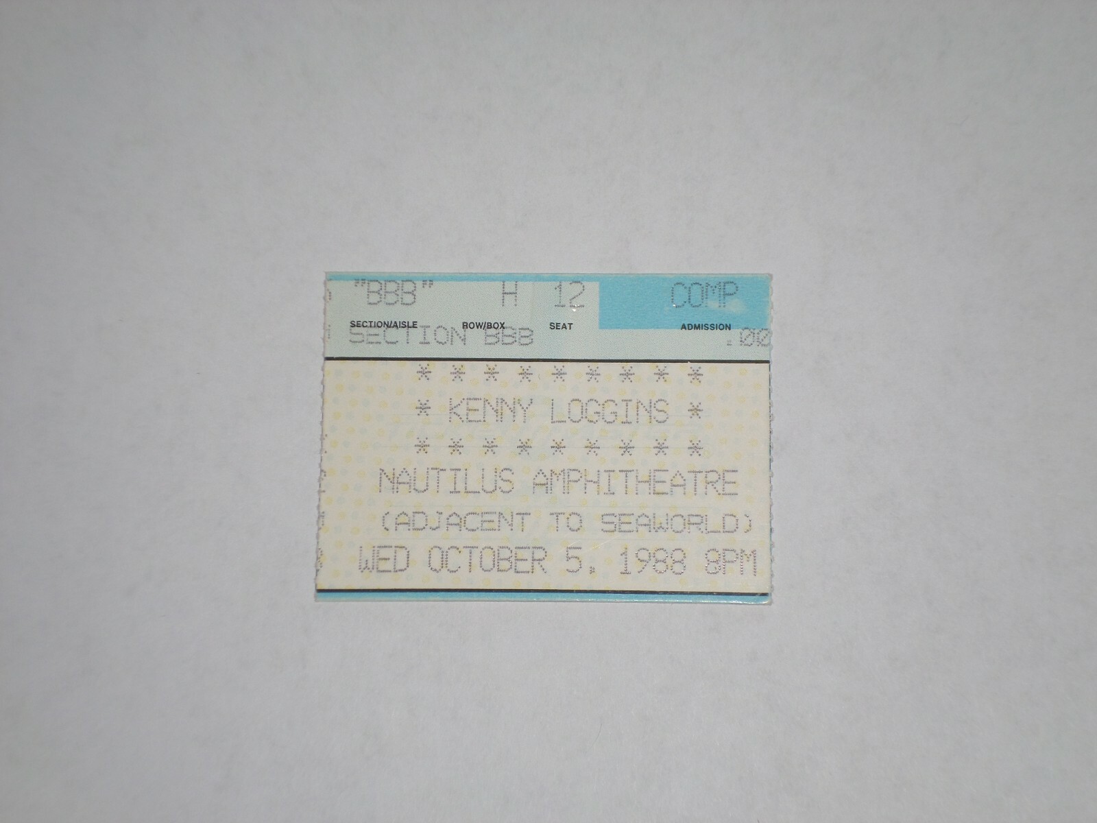 Kenny Loggins Concert Ticket Stub-1988-“Footloose”-SeaWorld-San Diego,CA