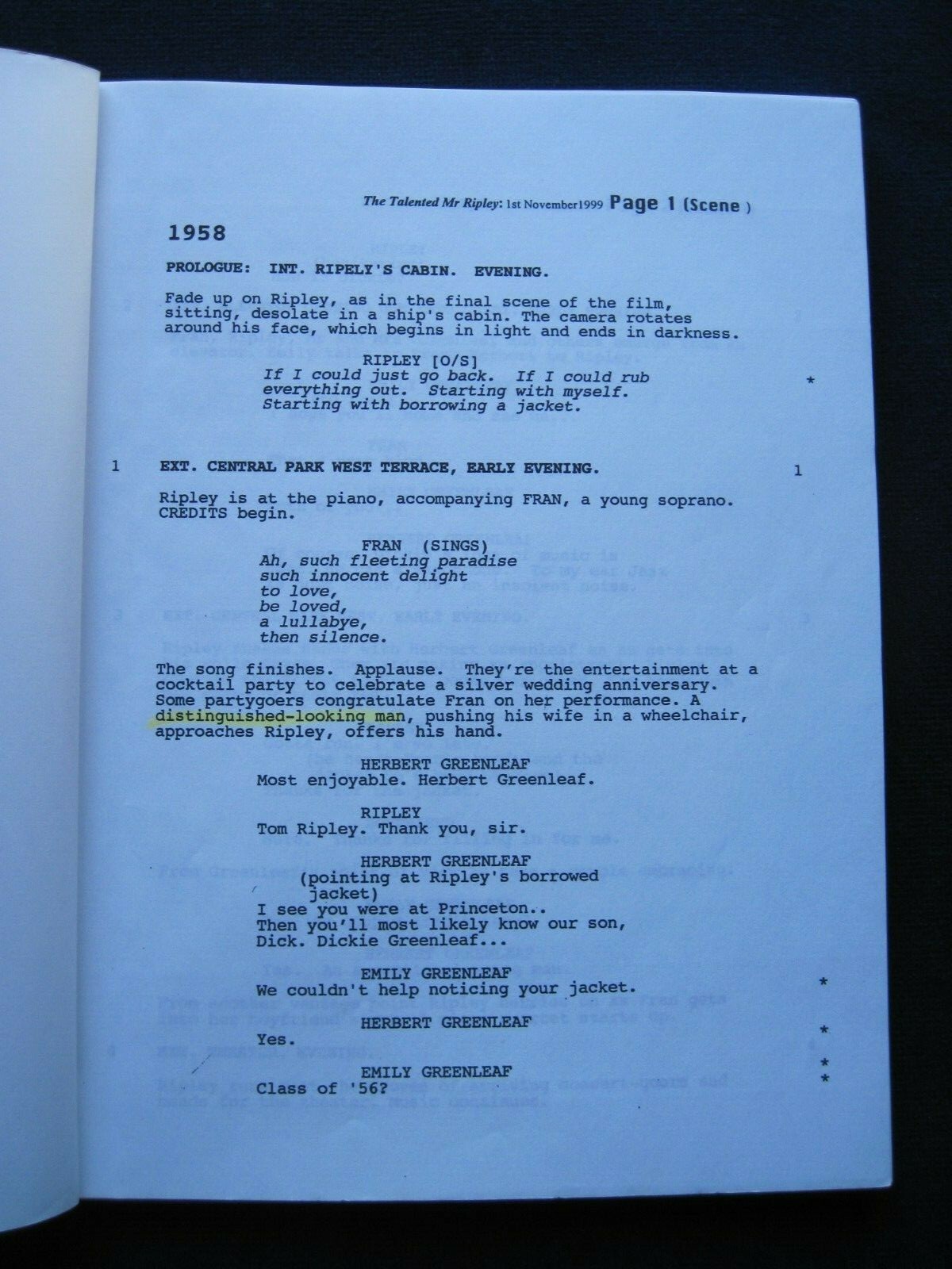 ORIGINAL SCRIPT – THE TALENTED MR RIPLEY by ANTHONY MINGHELLA Film wi MATT DAMON
