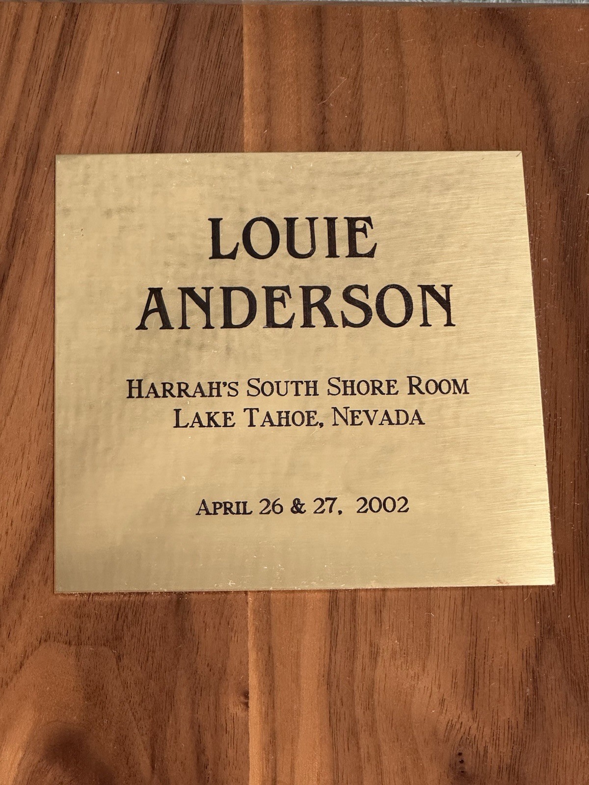 Louie Anderson Personally Owned Harrah’s South Shore Room Plaque 2002 Lake Tahoe