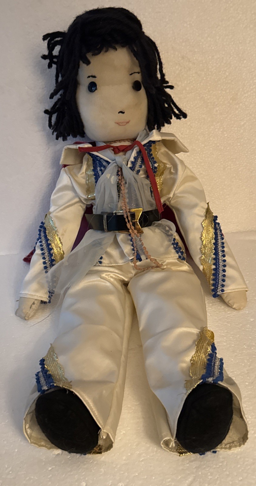 Handmade Elvis Doll 21″ White Suit Blue Gold Black Hair Shoes Red Cape VTG