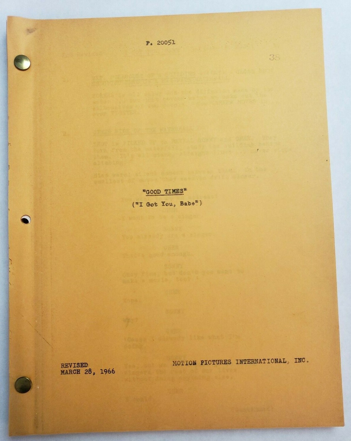 GOOD TIMES / 1966 Screenplay, SONNY BONO & CHER spoof Hollywood movie scenes