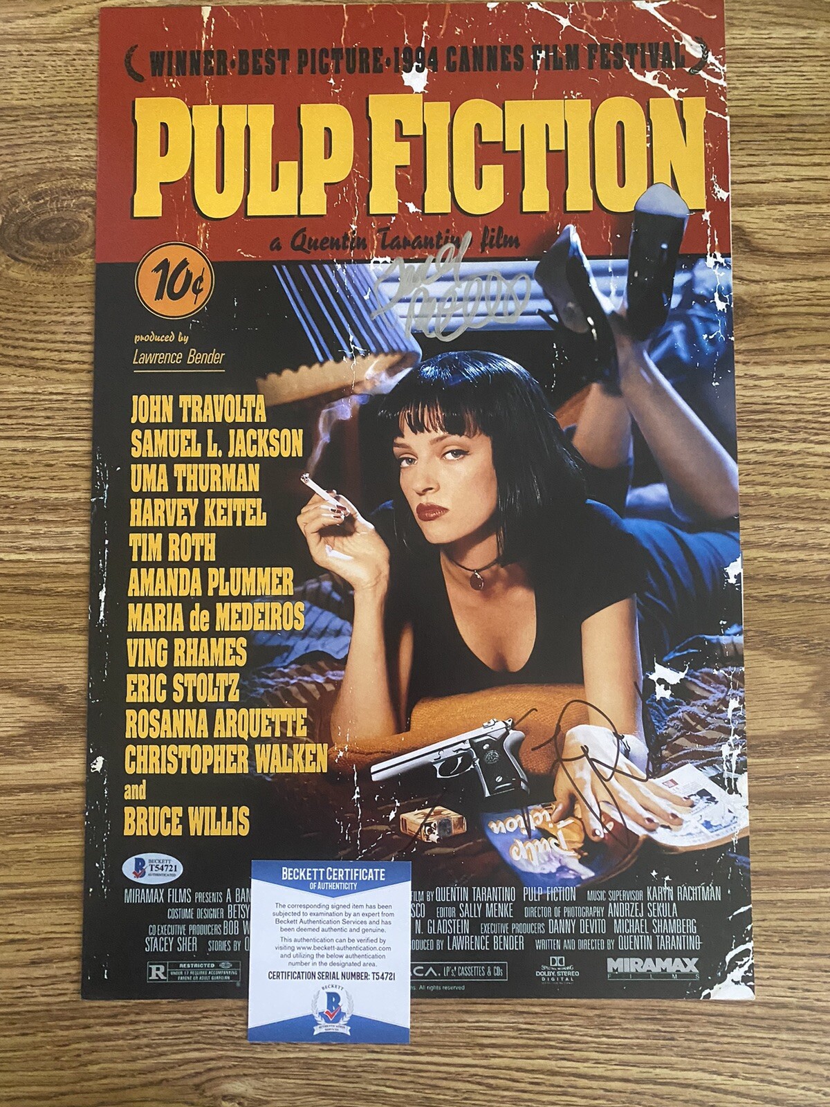 Pulp Fiction Autographed 11×17 Cast Photo X2 Tim Roth Rosanna Arquette BAS