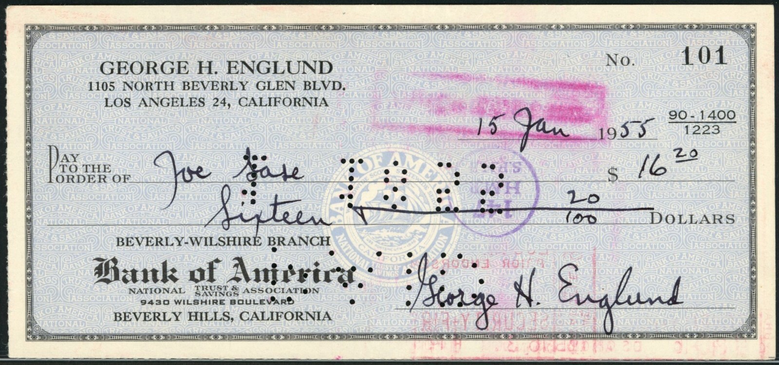 George H. Englund Signed Check – 1955
