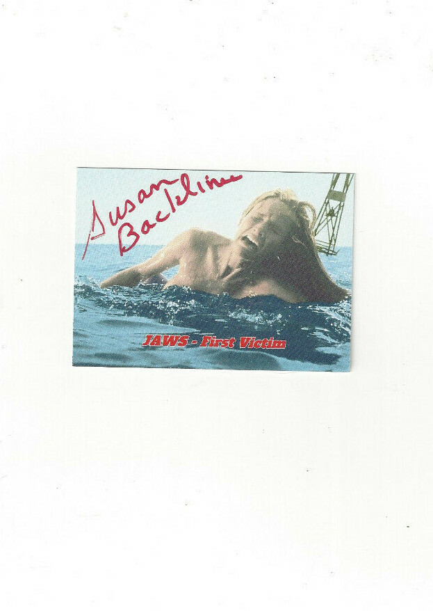 JAWS 1st Victim signed card plus photo of signing Susan Backlinie (Dec.)