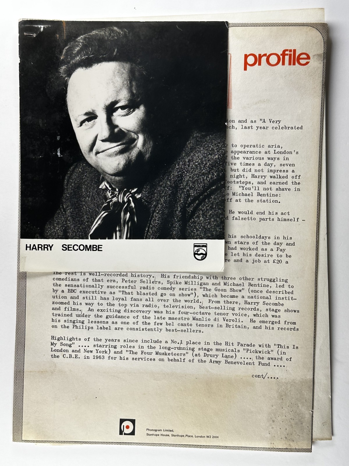 Harry Secombe Press Kit Photo X2 Original Biography Promotion Circa 1970’s