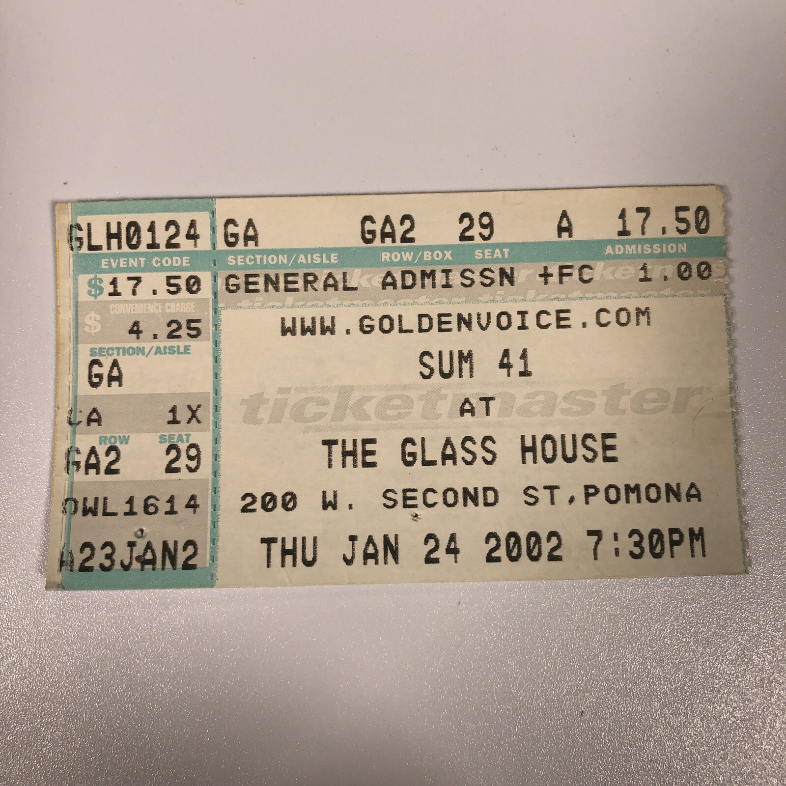 sum 41 ticket stub Jan 24 2002 glasshouse 1/24/02 Vintage Pomona Concert Show