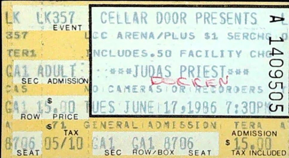 Judas Priest Concert Ticket Stub Lakefront Civic Center Arena Florida 6/17/1986