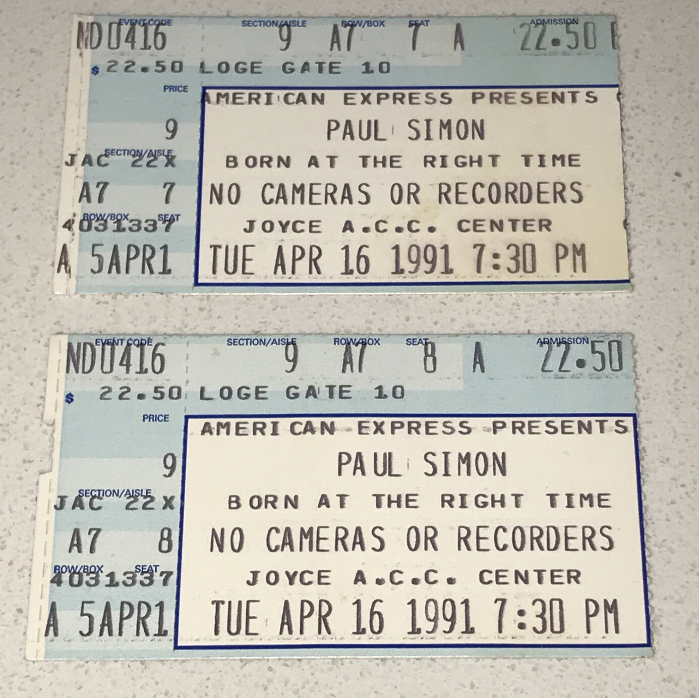 Paul Simon Born Right Time Concert 1991 Joyce ACC Notre Dame Ticket Stub