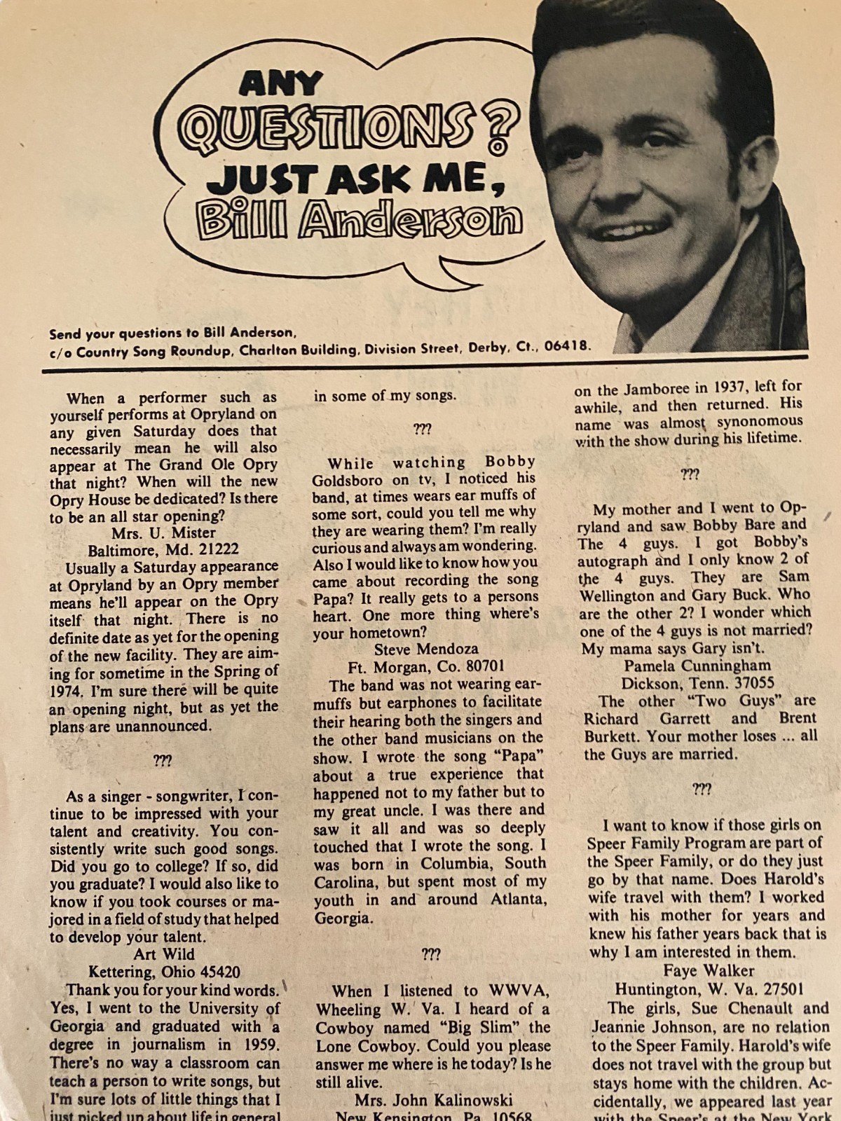 Bill Anderson, Two Page Vintage Clipping
