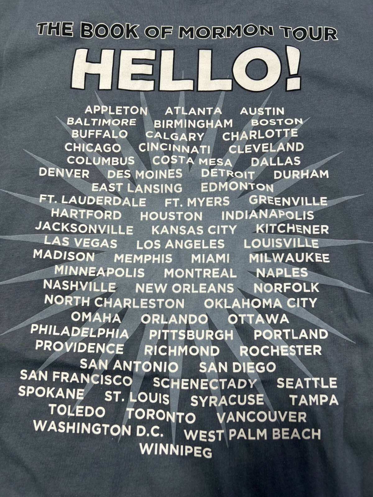 the BOOK OF MORMON !! Hello Tour t-shirt TEE BROADWAY MUSICAL OFFICIAL MERCHANDI