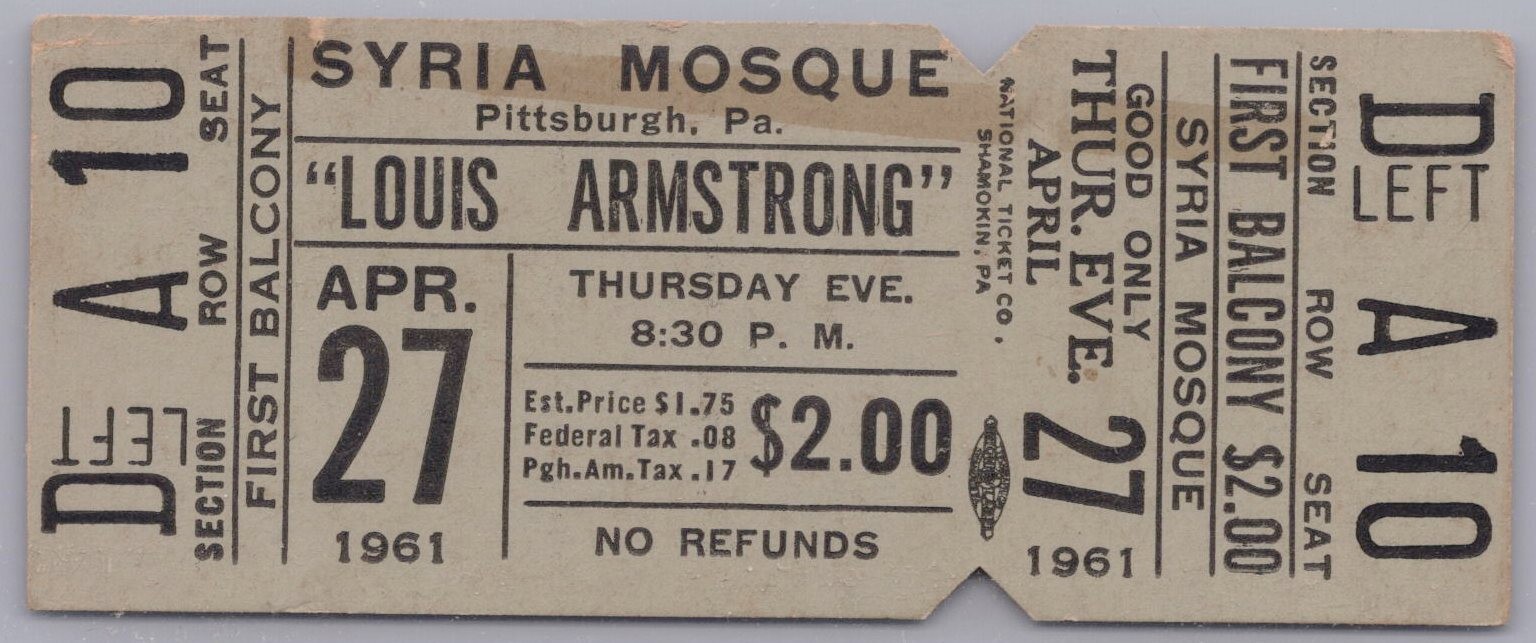 1961 Louis Armstrong Concert Ticket Apr 27 Pittsburgh Syria Mosque Orig D2-11
