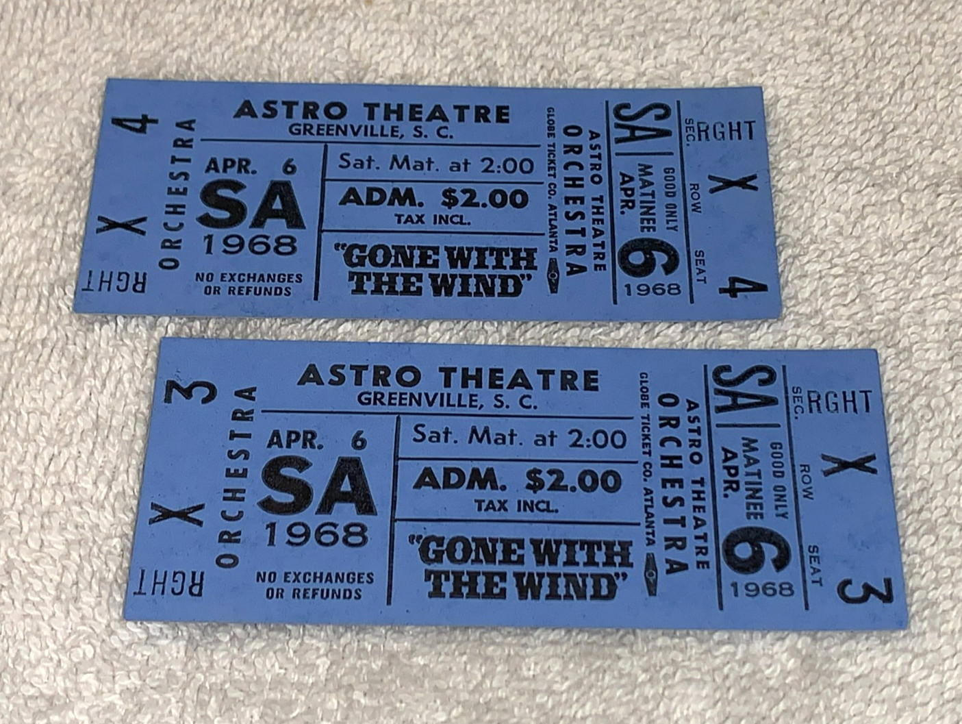GONE WITH THE WIND 2 VINTAGE THEATRE TICKETS CLARK GABLE VIVIEN LEIGH Ephemera
