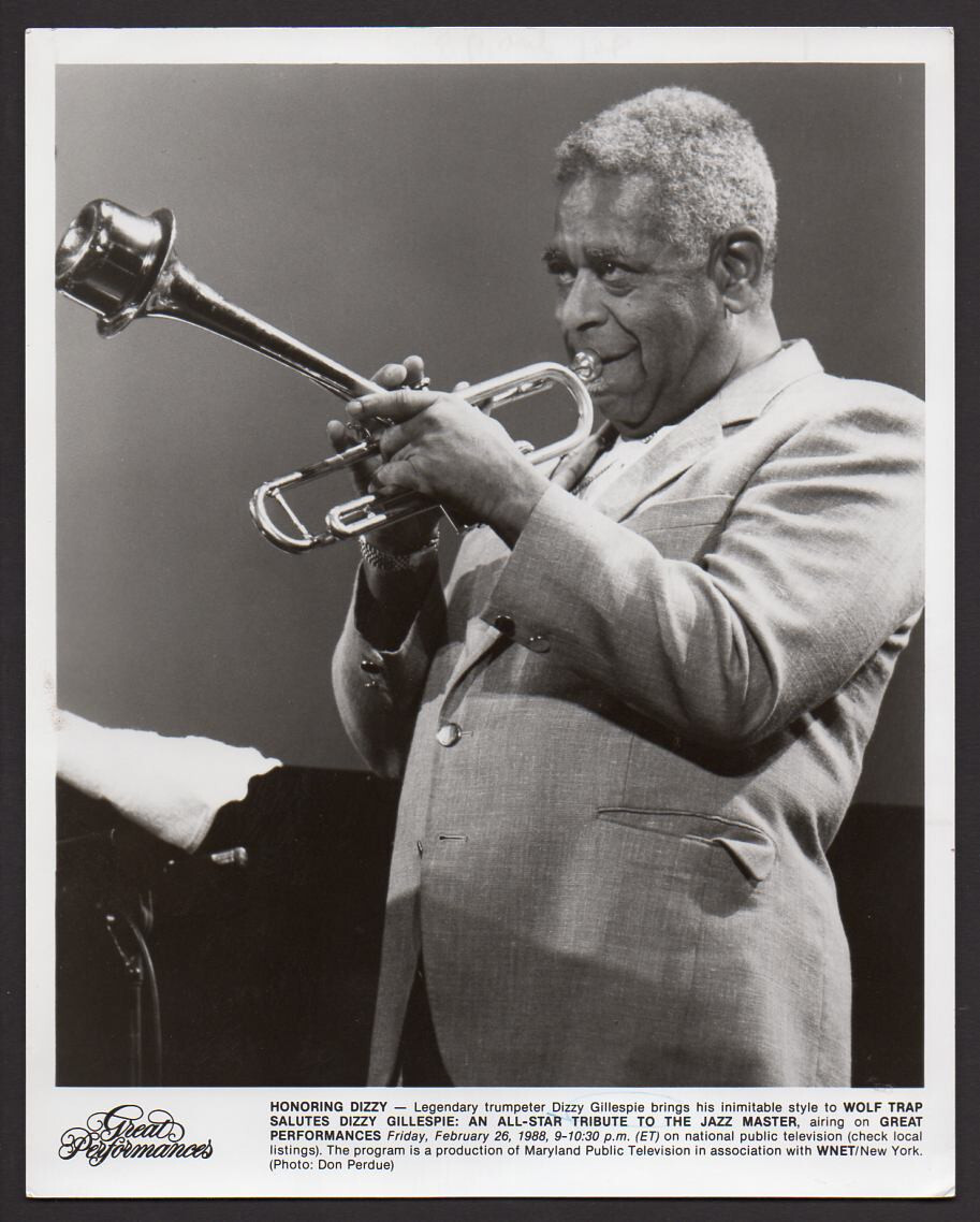 DIZZY GILLESPIE bebop jazz trumpeter 1988 PBS TV PHOTO trumpet player musician