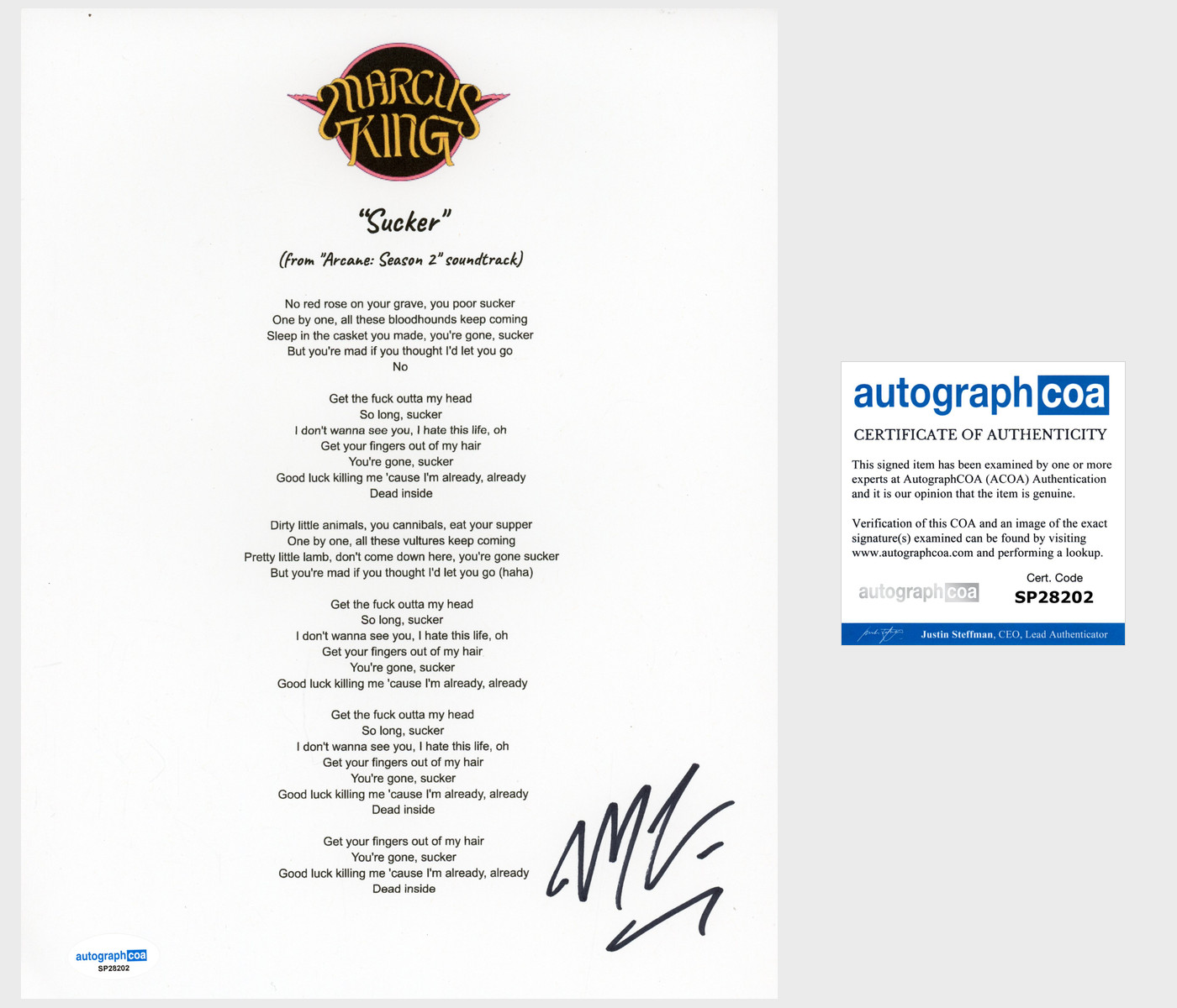 ‘Marcus King’ Signed Lyric Sheet ‘Sucker’ ACOA Arcane Soundtrack