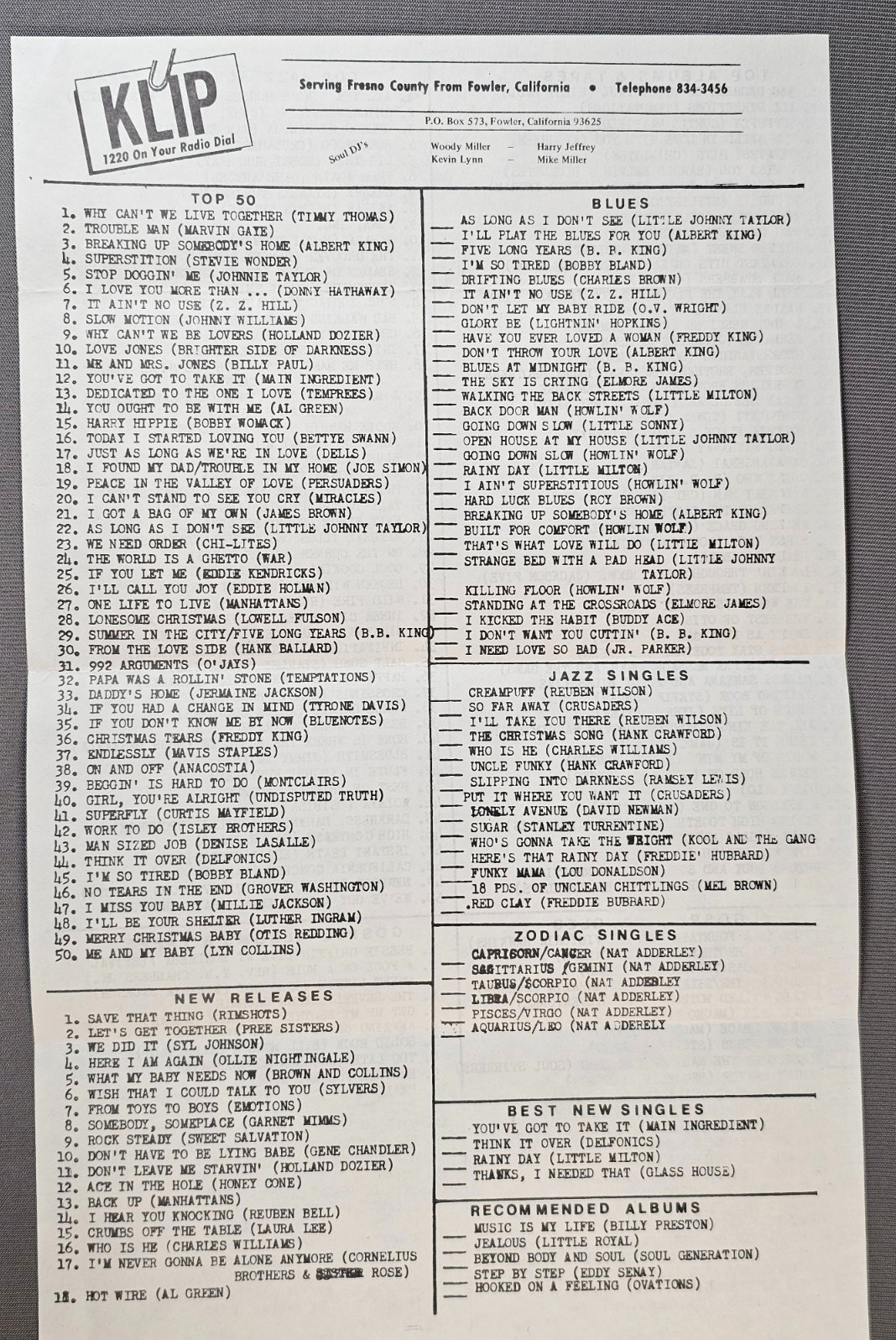 KLIP – Fowler CA, Soul Blues Jazz Gospel, Radio Station Music Survey, 1973
