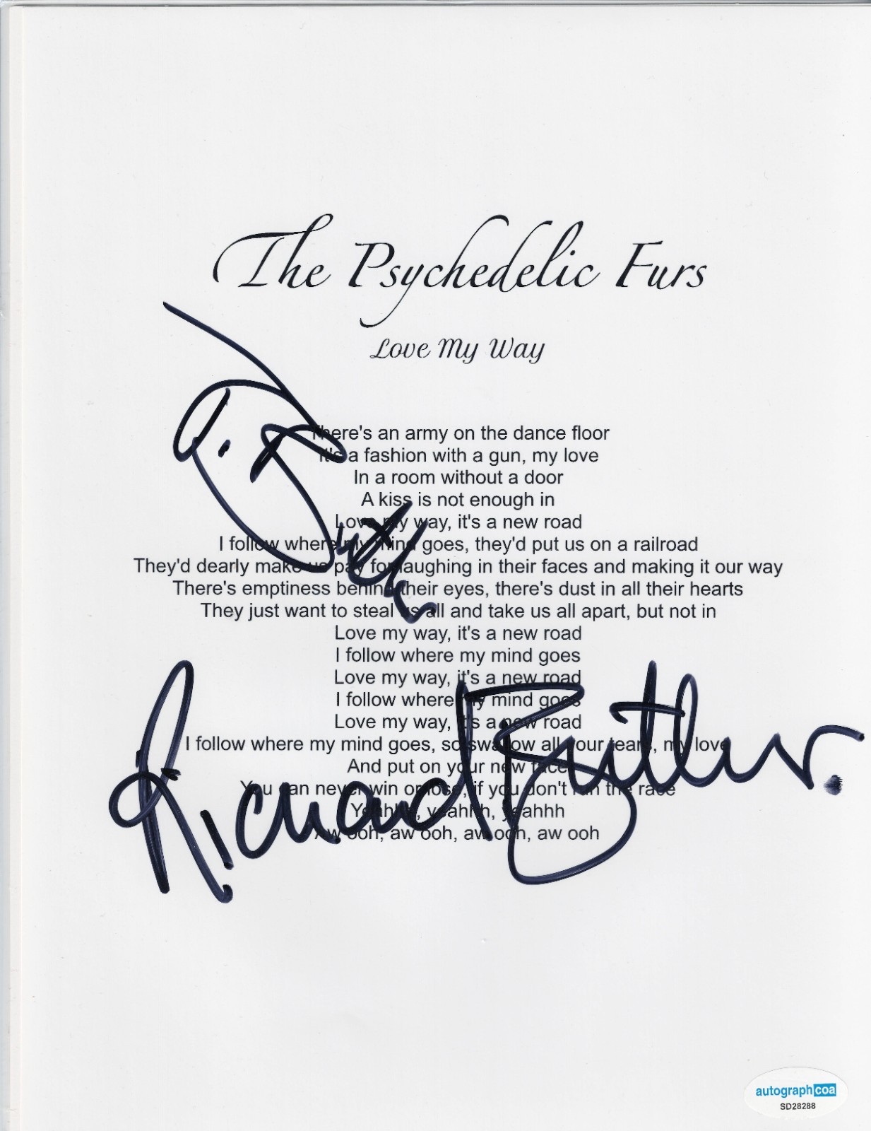 Richard and Tim Butler Signed “Love My Way” Lyric Sheet–Psychedelic Furs–AutoCOA