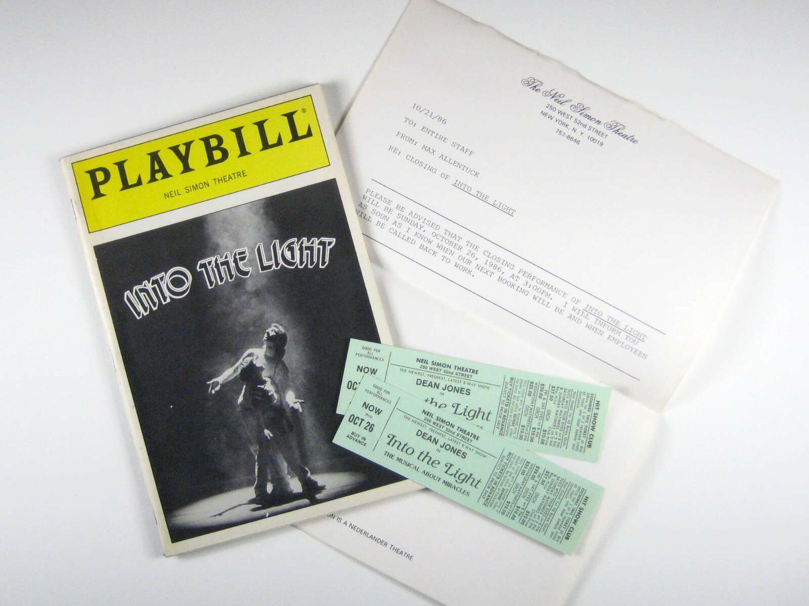Into the Light Playbill Neil Simon Theatre October 1986 Ticket Closing Insert