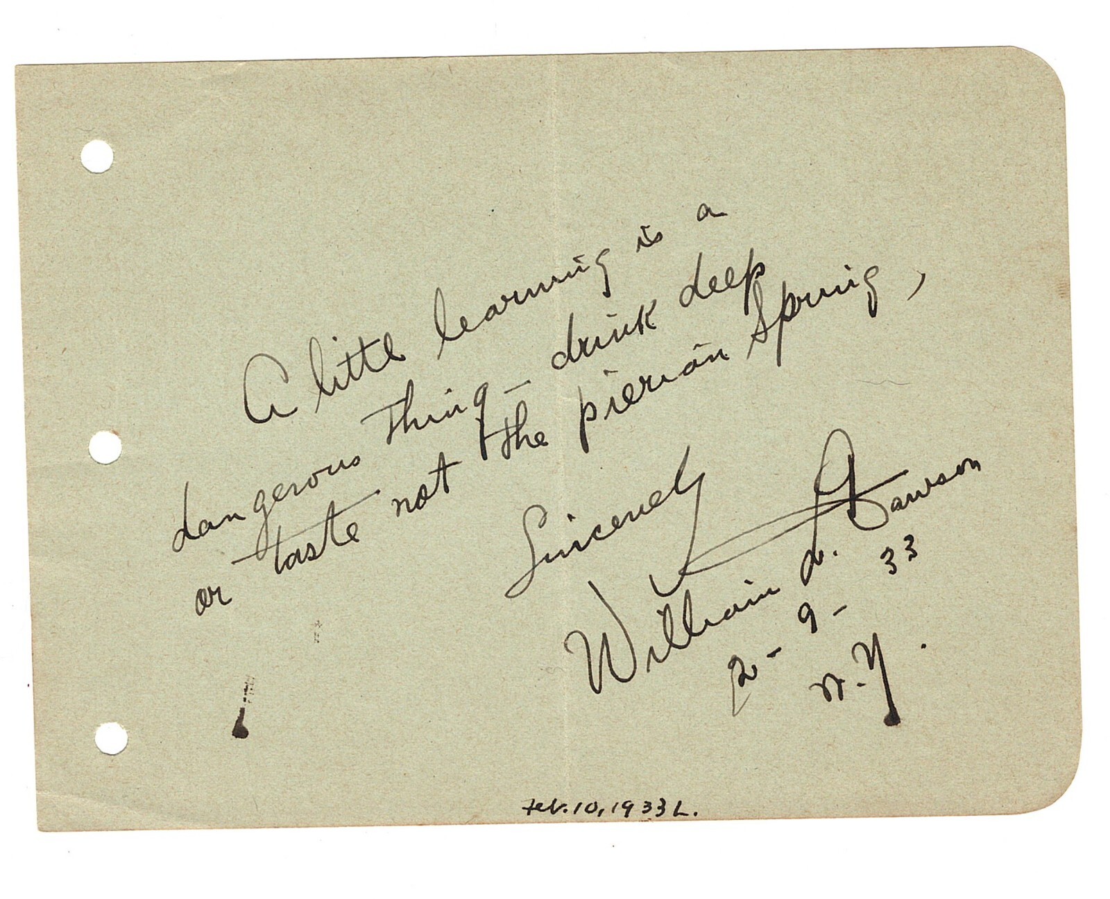 MUSIC PROFESSOR WILLIAM L.DAWSON AUTOGRAPH NOTE SIGNED 1933