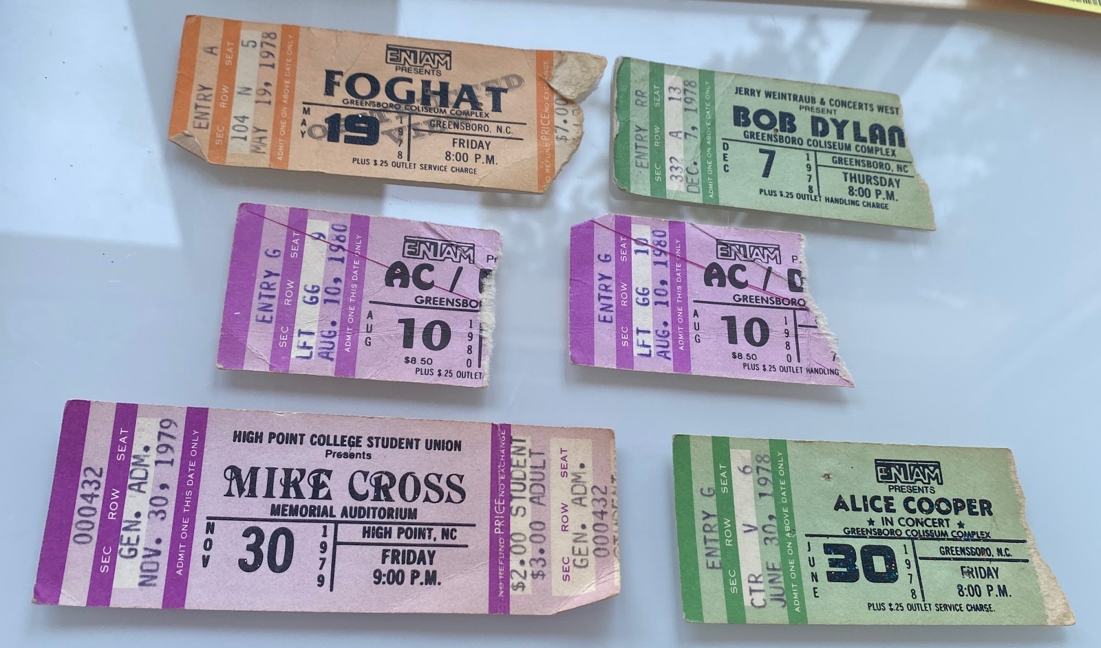 6 Concert Ticket Stubs from 1978-80 (AC/DC, Bob Dylan, Foghat+ /North Carolina)