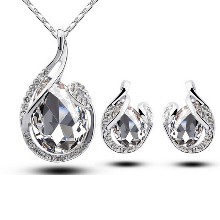 3pcs Rhinestone Necklace Set With Earrings Fashion Water-drop-shaped Jewelry For