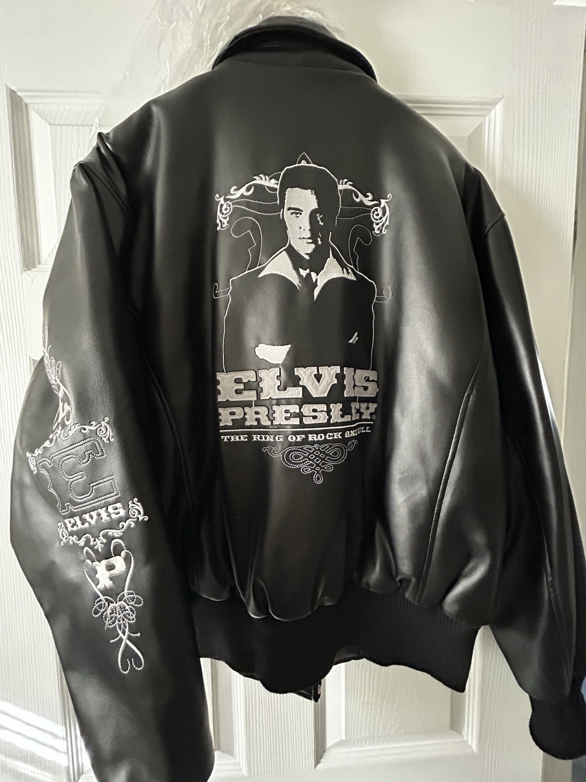 Elvis Presley King of Rock & Roll Embroidered Faux Leather Jacket Medium