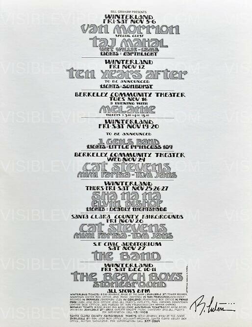 The Beach Boys The Band Cat Stevens Concert Menu Handbill 1971 Randy Tuten De…