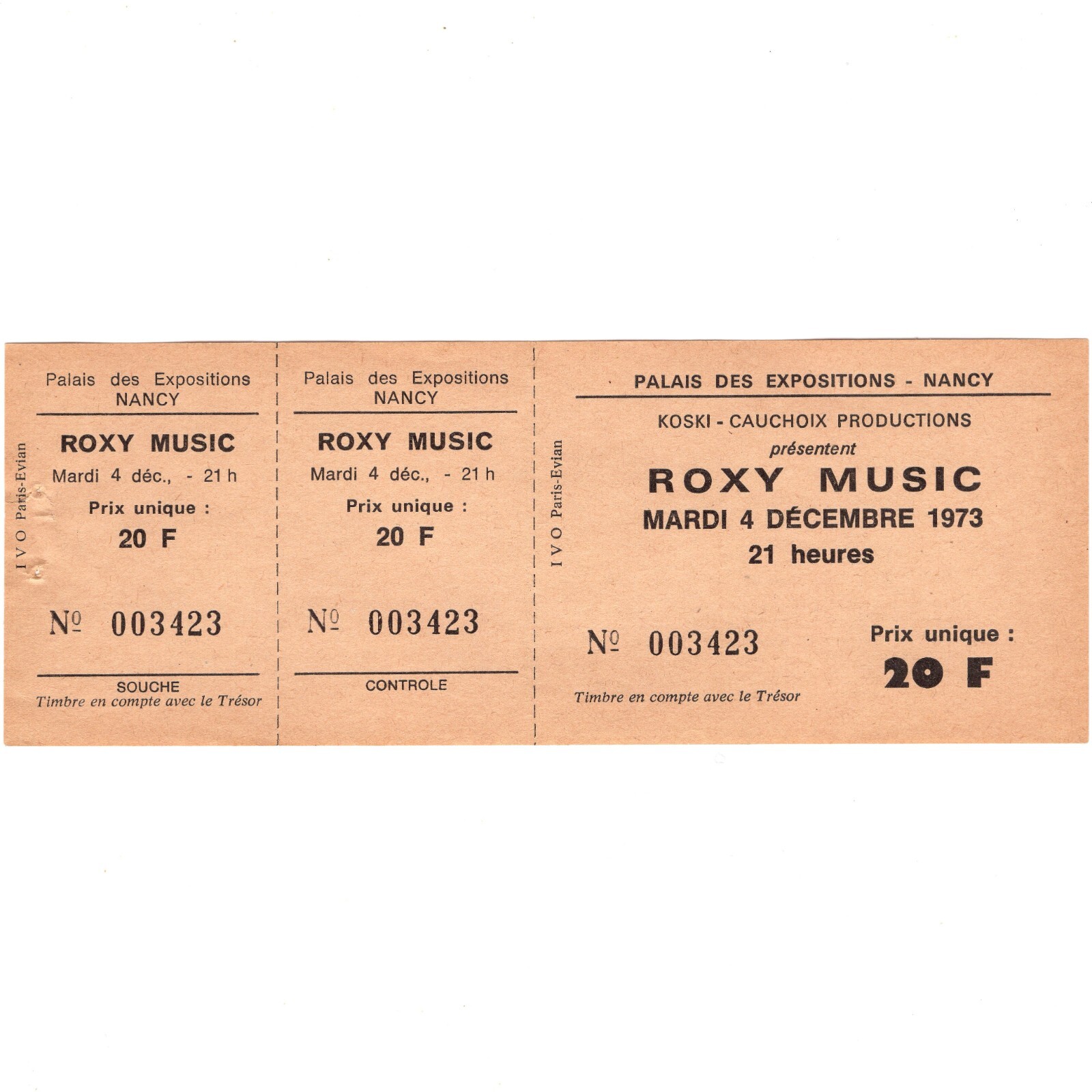 ROXY MUSIC Full Concert Ticket Stub NANCY FRANCE 12/4/73 THE STRANDED TOUR Rare