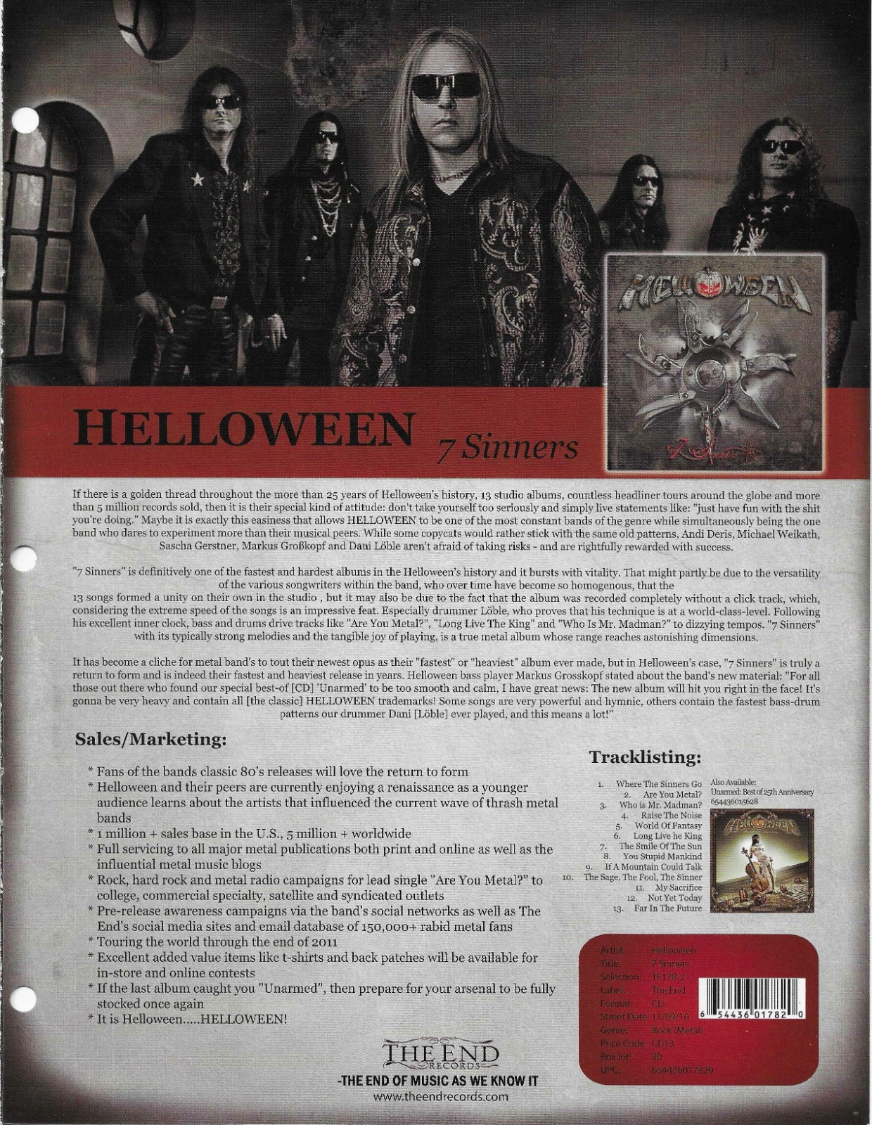 HELLOWEEN Rare VINTAGE 2010 PROMO TRADE AD Poster for sinners 8.5×11 MINT USA
