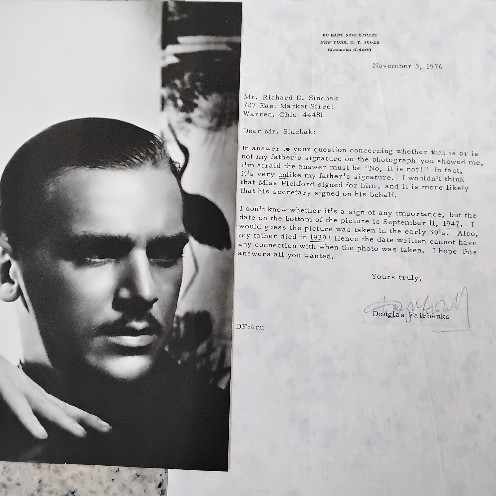 Douglas Fairbanks Jr SIGNED 1976 Letter Movie Actor Sinbad Dawn Patrol Gunga Din