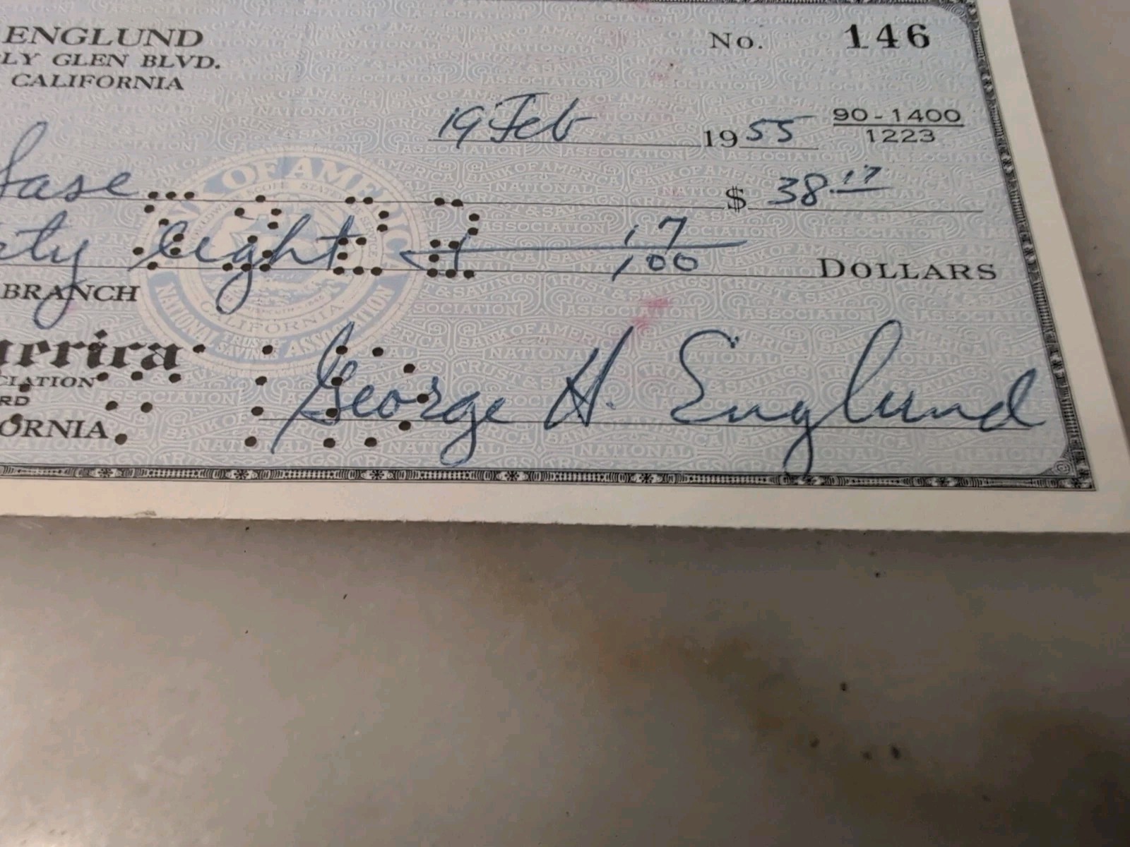 George H. Englund Signed Cancelled Check /Film Editor, Director, Producer, Actor