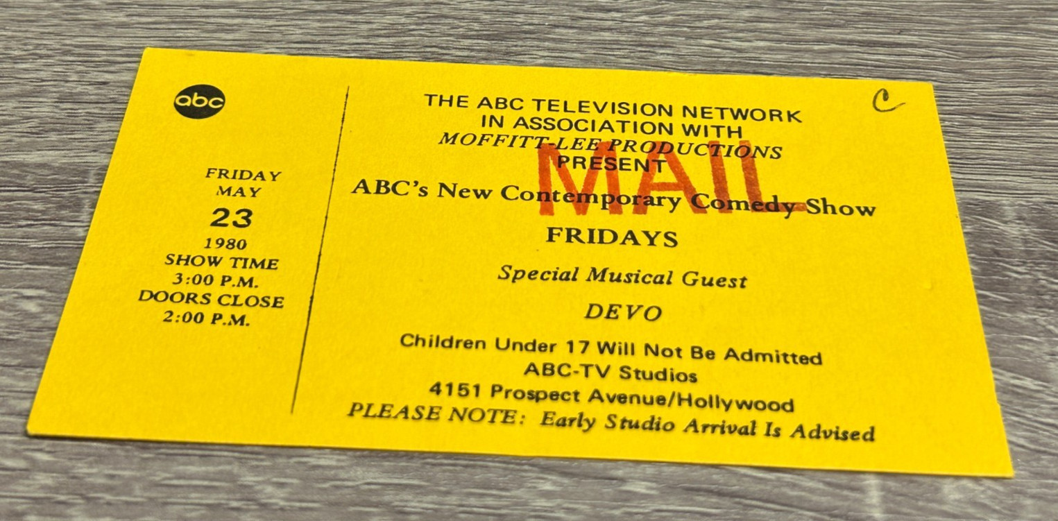 DEVO RARE TICKET FROM TV SHOW TAPING OF ‘FRIDAY’S’ 1980 ONLY 200 IN AUDIENCE