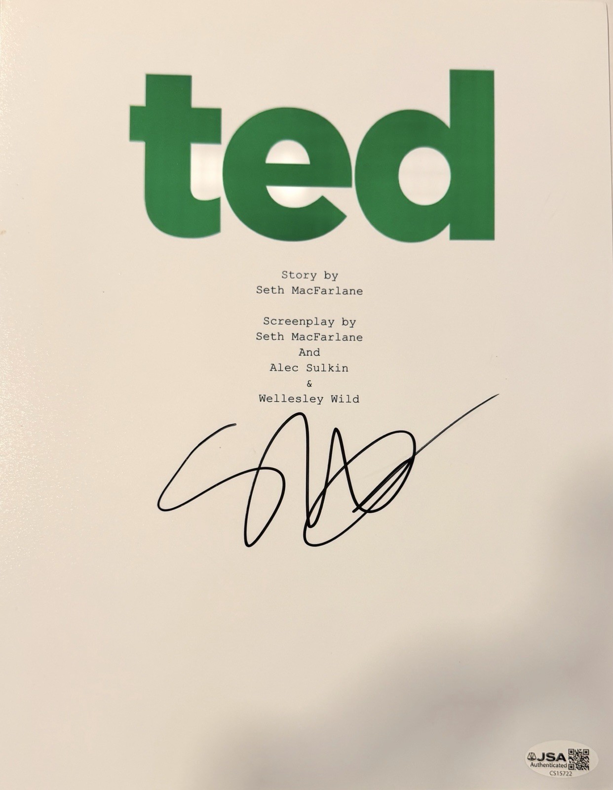 SETH MACFARLANE SIGNED AUTOGRAPH TED MOVIE SCRIPT COVER- FAMILY GUY CREATOR JSA
