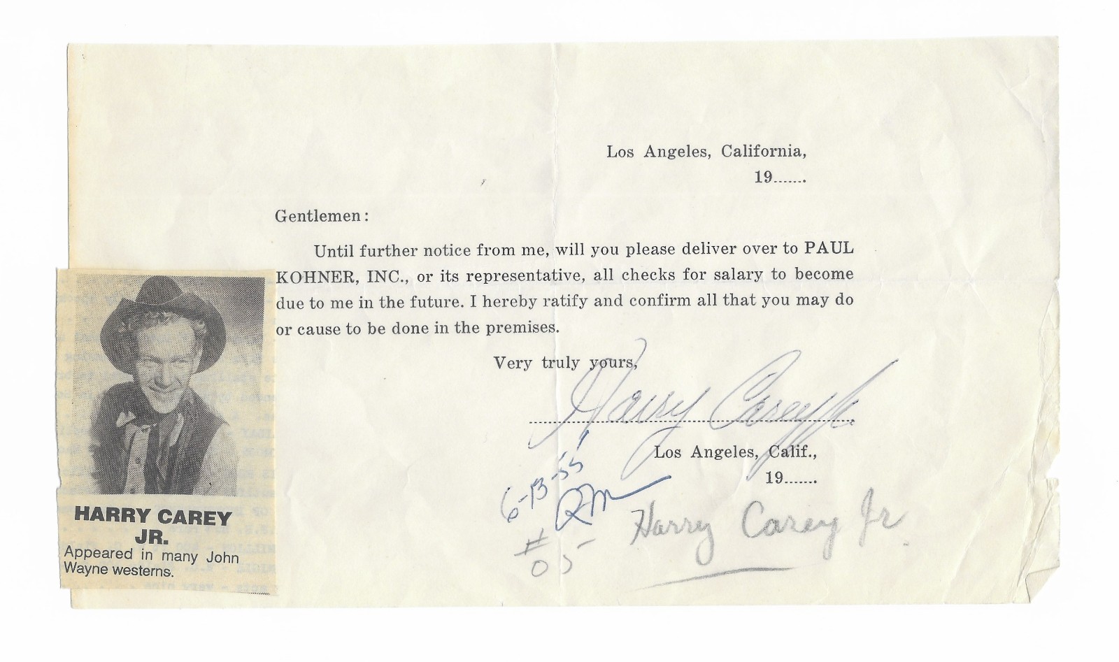 Harry Carey Jr Authentic Vintage 1955 Signed Document
