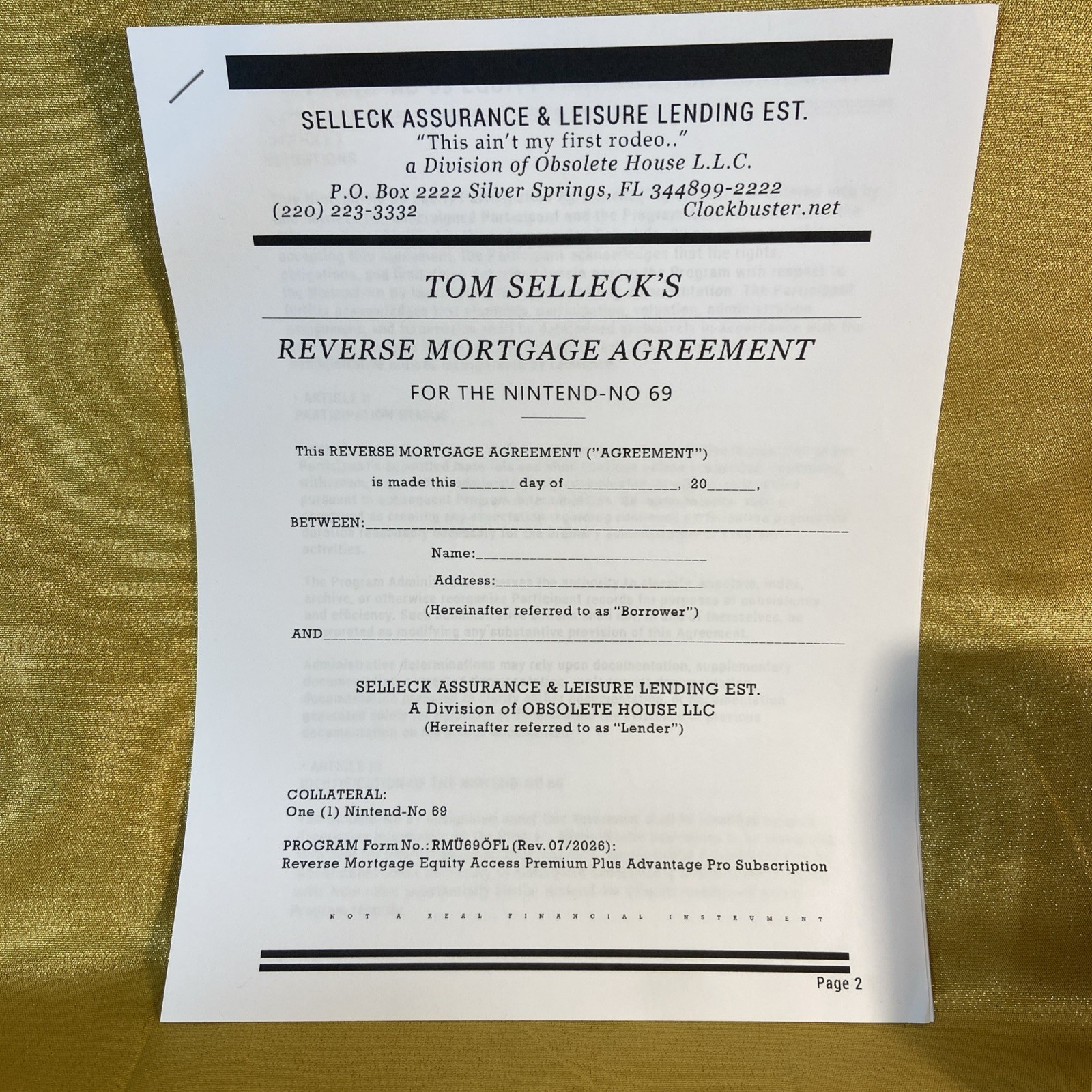 Tom Selleck Reverse Mortgage GOLD w/ contract Nintendo 64 style collectible