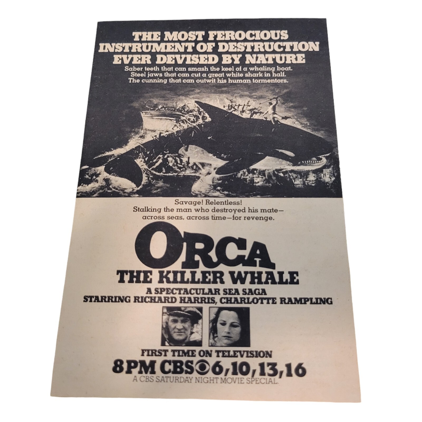 Vtg 70’s ORCA The Killer Whale Movie Print AD 1978 TV Premiere Thriller Horror