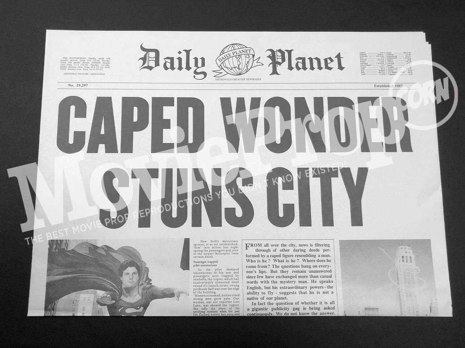 Superman “Daily Planet” Newspaper Replica -“Caped Wonder Stuns City” Chris Reeve