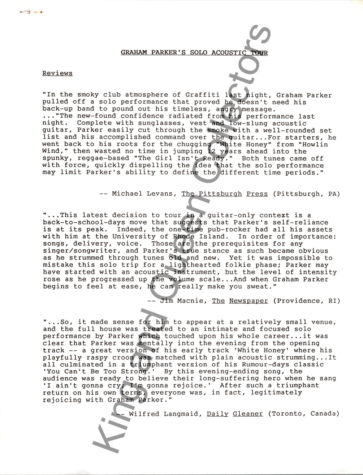 Graham Parker Original Press Kit Tour Information Sheet