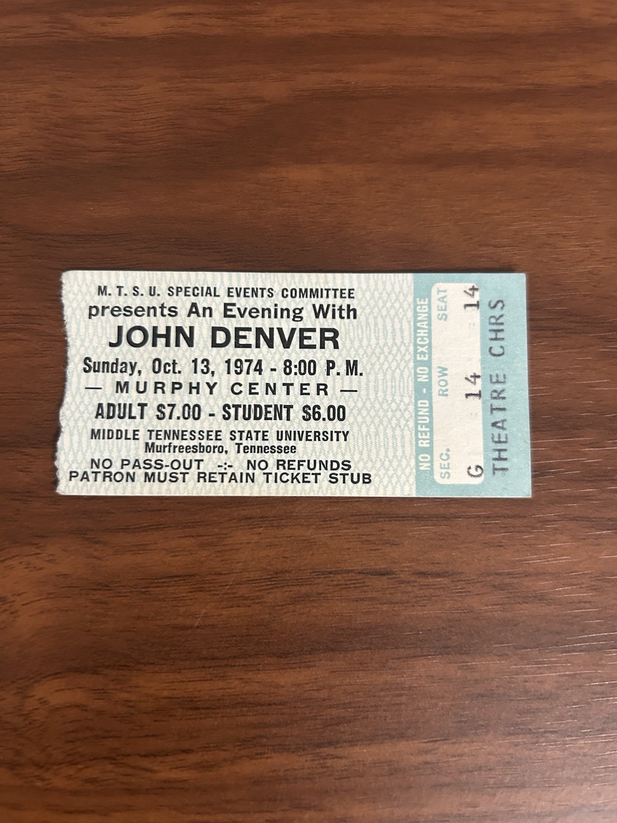 OCTOBER 13, 1974~JOHN DENVER CONCERT TICKET STUB @ MURPHY CENTER-MURFREESBORO,TN