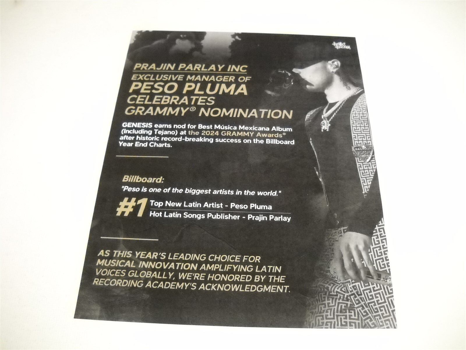 PESO PLUMA celebrates GRAMMY Nomination for GENESIS 2023 Promo Display Ad